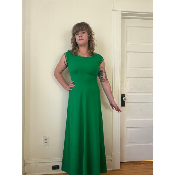 1970s 70s vintage Kelly green maxi dress rhinestones party cocktail gown disco - Picture 4 of 7